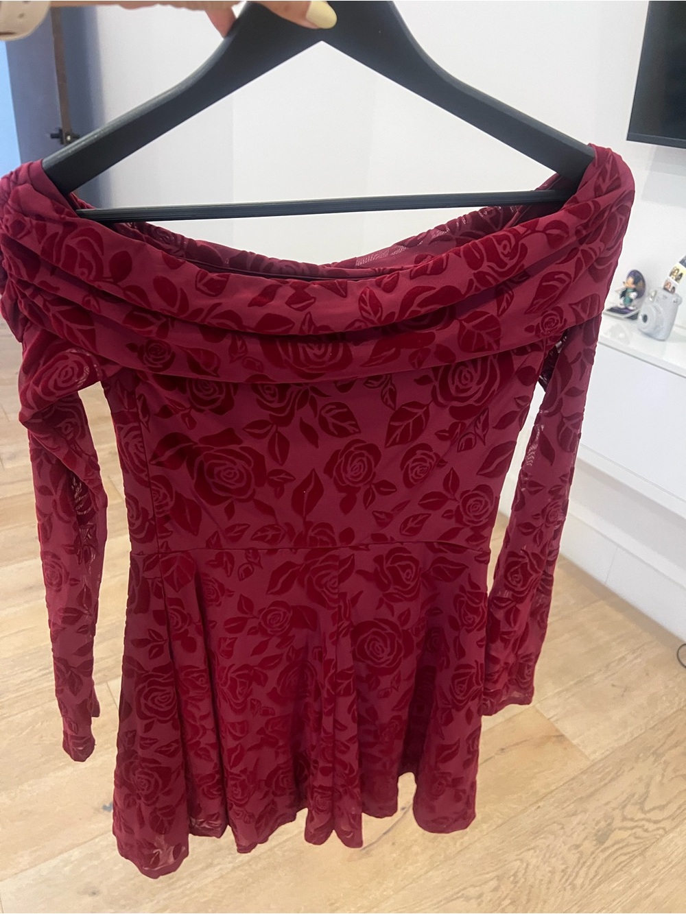 wild fable Off-Shoulder Rose-Print Skater Dress in Wine